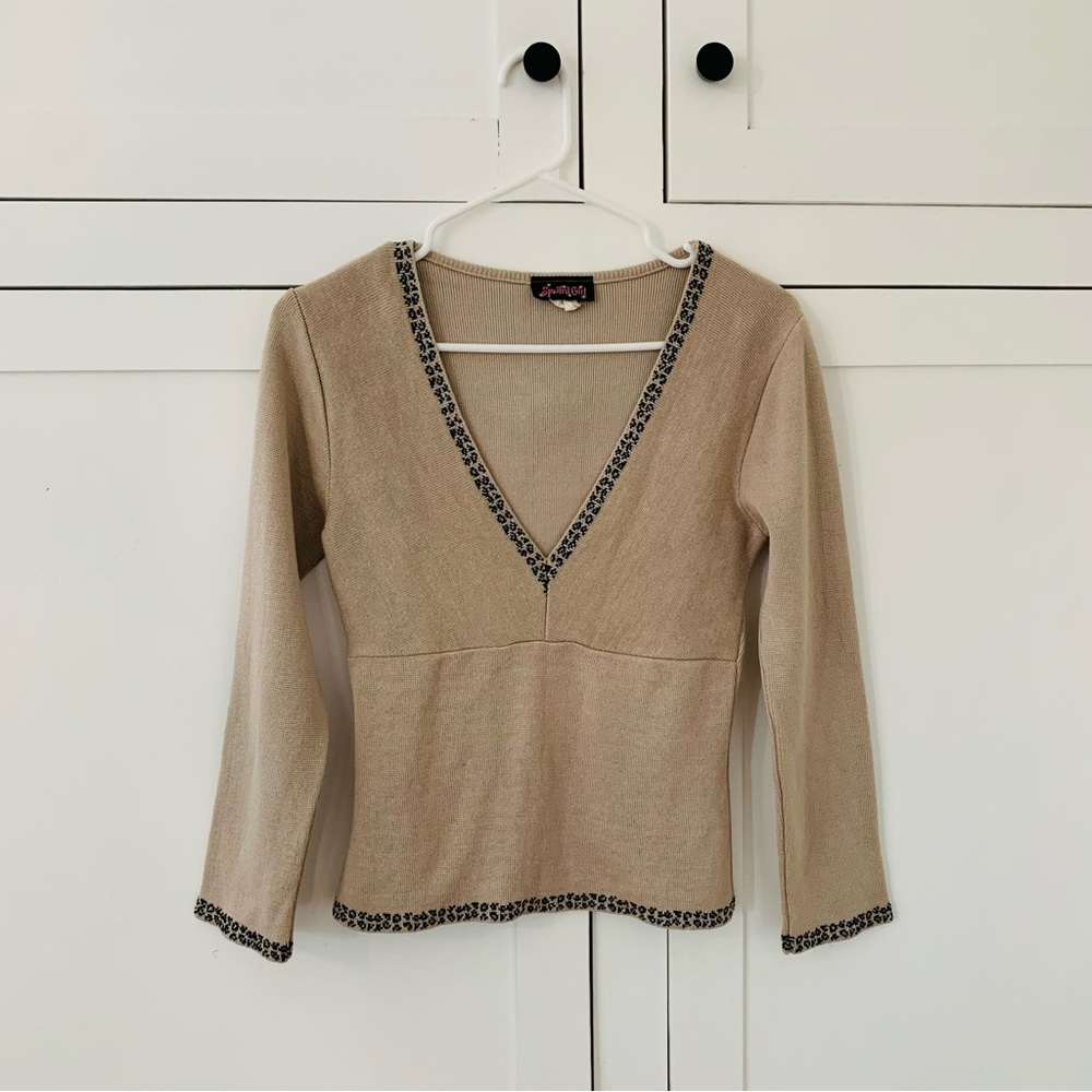 Spoiled Girl Tan Chetah Print Trim Y2K V Neck Knit Top Size Small